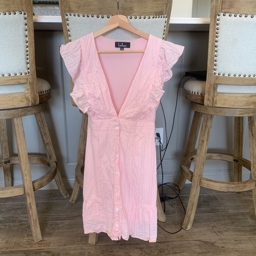 Lulu's Blush Pink V-Neck Button-Front Ruffle Midi Dress - Picture 3 of 5